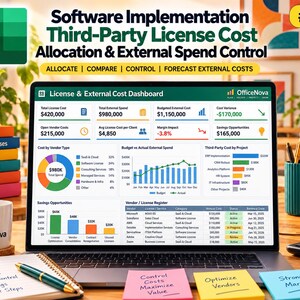 May include: A laptop screen displays the OfficeNova License & External Cost Dashboard with data visualizations, charts, and tables. The screen shows financial metrics, vendor costs, and budget tracking. Surrounding items include a mug, notebooks, and sticky notes.