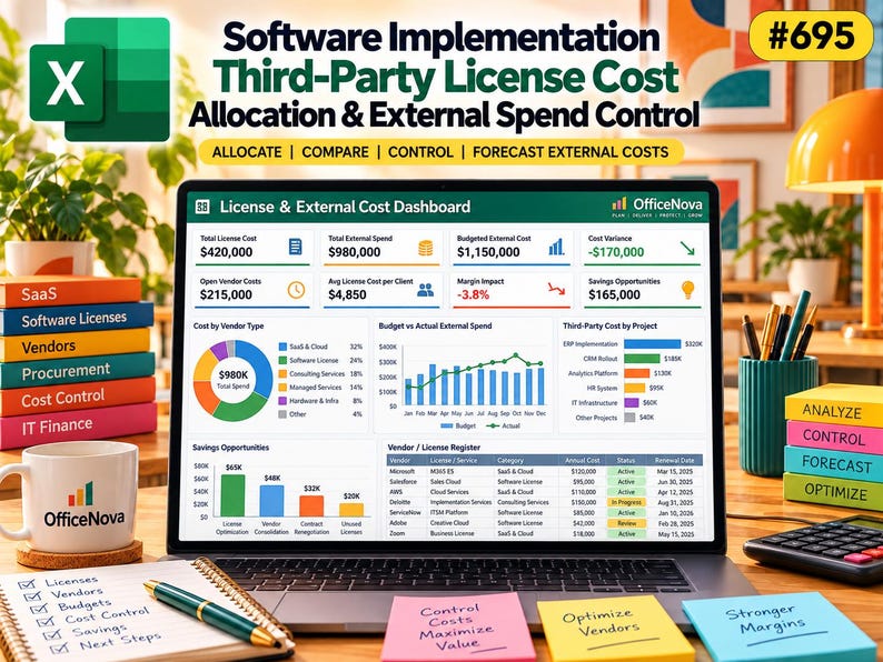 May include: A laptop screen displays the OfficeNova License & External Cost Dashboard with data visualizations, charts, and tables. The screen shows financial metrics, vendor costs, and budget tracking. Surrounding items include a mug, notebooks, and sticky notes.