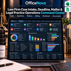 May include: A digital dashboard titled OfficeNova Law Firm Case Intake, Deadline, Matter & Legal Practice Operations Command Center displayed on a laptop screen, featuring colorful data charts, tables, and metrics for legal practice management.