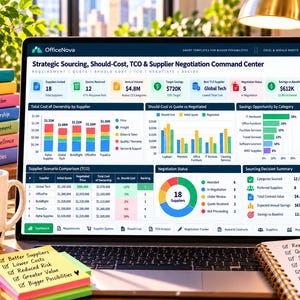May include: A laptop screen displaying the OfficeNova Strategic Sourcing Command Center dashboard with various financial charts, supplier data, and negotiation metrics. The screen shows tables, bar graphs, and a pie chart detailing costs, savings, and supplier status.