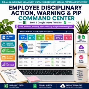 Könnte beinhalten: Eine Vorlage für ein Employee Disciplinary Action, Warning & PIP Command Center für Excel und Google Sheets auf einem Laptop-Bildschirm. Das Dashboard enthält farbenfrohe Diagramme, Fallprotokolle und Leistungskennzahlen für das Personalwesen.