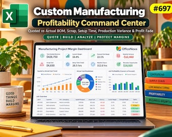 Custom Manufacturing Profitability Dashboard | Quote vs Actual BOM, Scrap, Yield Tracker (Excel Template)