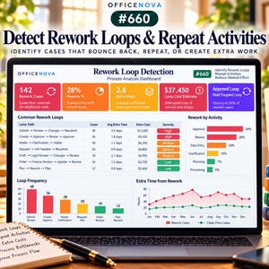 May include: A laptop screen displays an OfficeNova Rework Loop Detection dashboard with data visualizations, charts, and metrics. A mug with the text Less Rework More Results and a notebook with a checklist sit on a desk near the laptop.