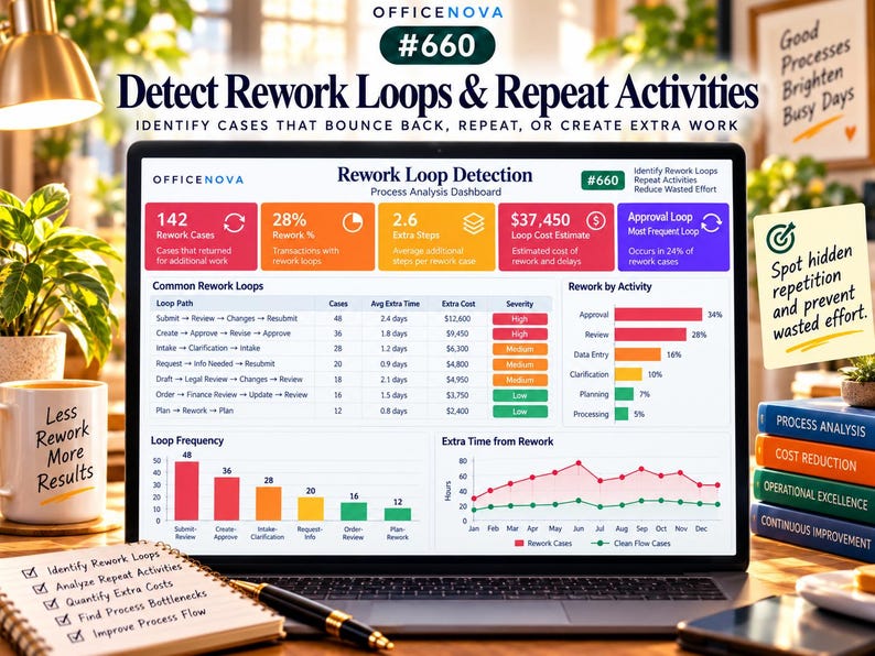 May include: A laptop screen displays an OfficeNova Rework Loop Detection dashboard with data visualizations, charts, and metrics. A mug with the text Less Rework More Results and a notebook with a checklist sit on a desk near the laptop.