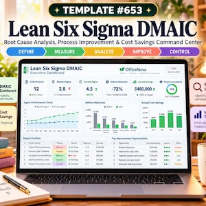 Peut inclure: Un écran d'ordinateur portable affichant un tableau de bord exécutif Lean Six Sigma DMAIC par OfficeNova. L'interface présente des visualisations de données, des tableaux de portefeuille de projets et des indicateurs de performance incluant les projets actifs.