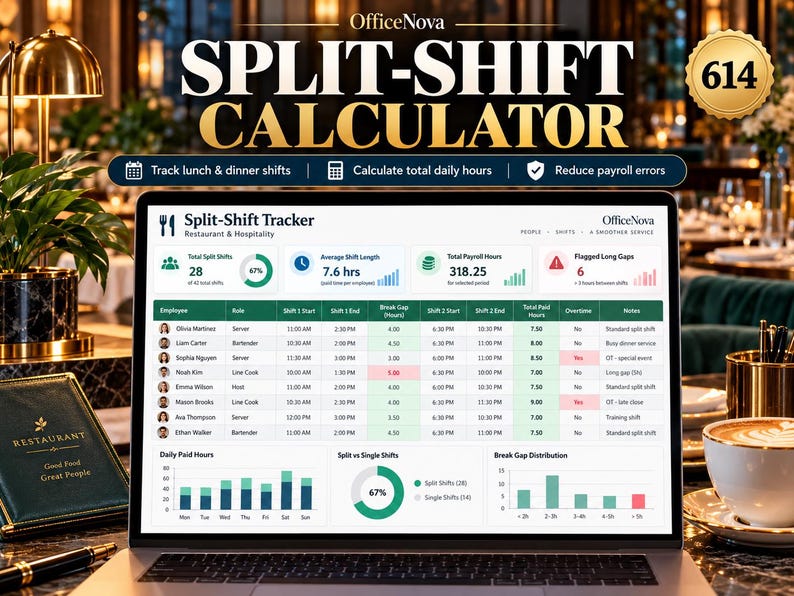 Restaurant Timesheet Excel Template, Split Shifts, Overtime, Labor Cost ...