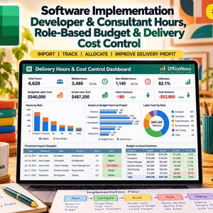 May include: A laptop screen displays a Software Implementation Developer & Consultant Hours, Role-Based Budget & Delivery Cost Control dashboard. The interface includes charts, tables, and metrics for billable hours, labor costs, and project variance, with the OfficeNova logo visible.