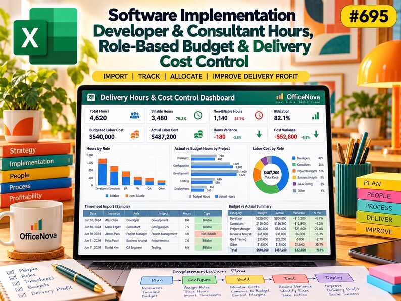 May include: A laptop screen displays a Software Implementation Developer & Consultant Hours, Role-Based Budget & Delivery Cost Control dashboard. The interface includes charts, tables, and metrics for billable hours, labor costs, and project variance, with the OfficeNova logo visible.