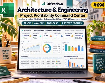 Architecture & Engineering Project Profitability Excel Template, Fee Burn, WIP, Labor Multiplier and Margin Dashboard