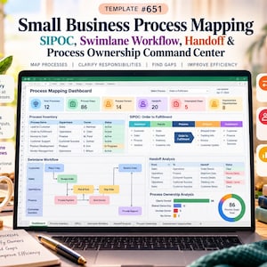 Puede incluir: Una pantalla de portátil que muestra un panel de mapeo de procesos con SIPOC, flujo de trabajo de carriles y análisis de traspasos. La interfaz incluye tablas para el inventario de procesos, pasos y métricas de propiedad con visualizaciones de datos.