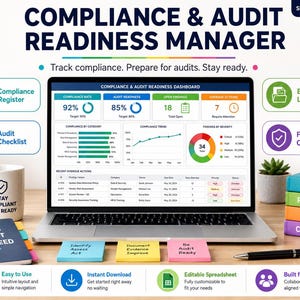 Peut inclure: Un ordinateur portable affichant un tableau de bord de conformité et d'audit avec des graphiques et des tableaux. Les éléments environnants incluent une tasse avec le texte Stay Compliant Stay Ready, un carnet marqué Plan Audit Succeed et une pile de livres étiquetés Policies, Procedures, Evidence et Compliance.