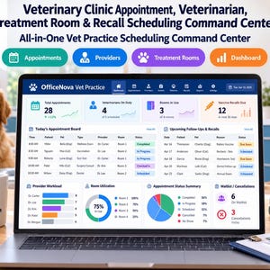 May include: A laptop displaying the OfficeNova Vet Practice software dashboard, featuring appointment boards, provider workloads, room utilisation charts, and status summaries. The screen shows data for appointments, veterinarians, treatment rooms, and vaccine recalls.