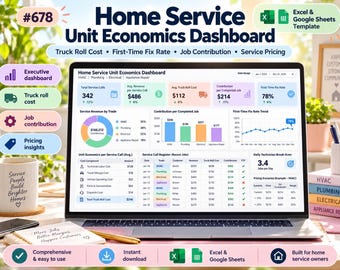 May include: A digital Home Service Unit Economics Dashboard displayed on a laptop screen, featuring data visualizations for HVAC, plumbing, electrical, and appliance repair services, including charts, tables, and metrics for truck roll costs and job contributions.