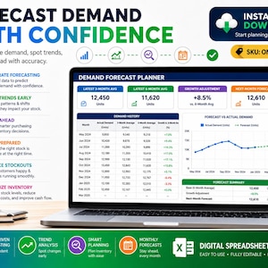 May include: A digital demand forecast planner spreadsheet template displayed on a laptop screen. The interface features tables for demand history, growth adjustments, and a forecast versus actual demand line graph with monthly data points.