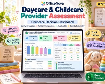 Kalkylblad för jämförelse av daghem | Bedömning av barnomsorgsleverantörer, säkerhetschecklista, studieavgiftskalkylator och instrumentpanel för familjebeslut