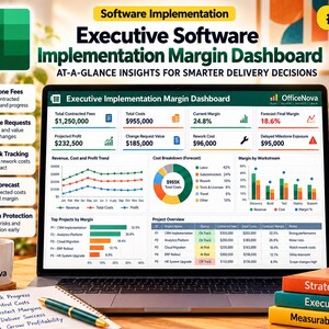 May include: A laptop screen displaying an Executive Software Implementation Margin Dashboard with financial data, charts, and project metrics. The interface includes sections for total fees, costs, margins, and project overviews, alongside icons for milestone fees, change requests, and rework tracking.