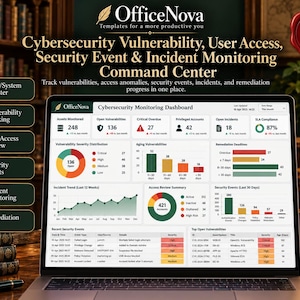 Cybersecurity Monitoring Command Center, Vulnerability & Incident Tracking (Excel Template)