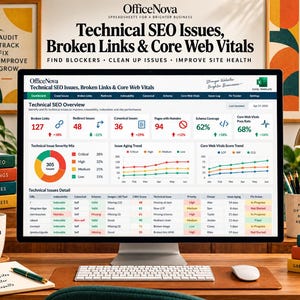 May include: A computer monitor displaying an OfficeNova Excel template dashboard titled Technical SEO Issues, Broken Links & Core Web Vitals. The screen shows data visualizations, including a pie chart, line graphs, and a detailed table of technical SEO metrics.