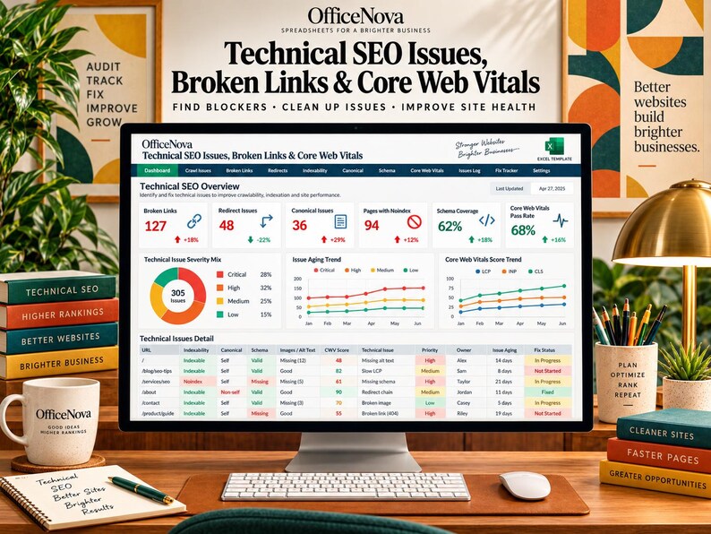 May include: A computer monitor displaying an OfficeNova Excel template dashboard titled Technical SEO Issues, Broken Links & Core Web Vitals. The screen shows data visualizations, including a pie chart, line graphs, and a detailed table of technical SEO metrics.