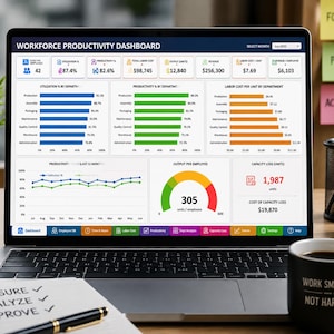 May include: A laptop screen displaying a Workforce Productivity Dashboard with various data charts, including blue, green, and orange bar graphs, a line graph, and a gauge chart. The dashboard includes metrics for labor costs, output, and revenue.