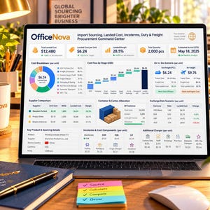 May include: A laptop screen displaying the OfficeNova Import Sourcing, Landed Cost, Incoterms, Duty & Freight Procurement Command Center dashboard with various financial charts, cost breakdowns, and supply chain data metrics in a professional office setting.