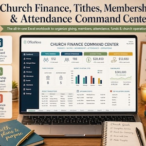 May include: A laptop displaying the Church Finance, Tithes, Membership & Attendance Command Center Excel workbook. The screen shows data dashboards for members, attendance, tithes, and offerings, alongside three informational cards detailing finance, membership, and attendance tracking features.