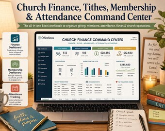 May include: A laptop displaying the Church Finance, Tithes, Membership & Attendance Command Center Excel workbook. The screen shows data dashboards for members, attendance, tithes, and offerings, alongside three informational cards detailing finance, membership, and attendance tracking features.
