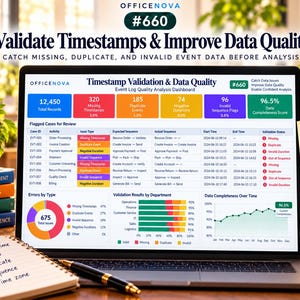 May include: A laptop screen displays an OfficeNova dashboard titled Timestamp Validation & Data Quality, featuring charts, tables, and metrics for event log analysis. The screen shows data completeness scores, error types, and department results.