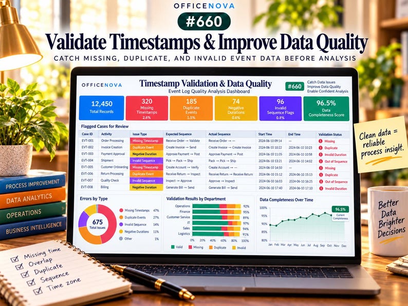 May include: A laptop screen displays an OfficeNova dashboard titled Timestamp Validation & Data Quality, featuring charts, tables, and metrics for event log analysis. The screen shows data completeness scores, error types, and department results.