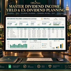 May include: A computer monitor displaying the OfficeNova Dividend Income Command Center spreadsheet. The screen shows financial data, including dividend holdings, a monthly income bar chart, a dividend calendar, and income goal versus actual metrics.