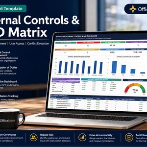 May include: A digital Excel template for Internal Controls and SoD Matrix by OfficeNova displayed on a laptop screen. The interface features an executive dashboard with bar charts, a control health score gauge, and a key control matrix table.