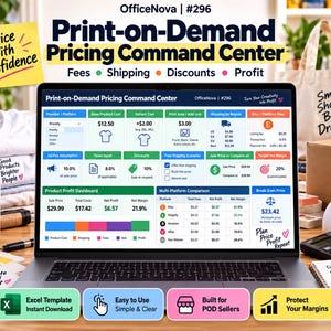 May include: A laptop displaying the Print-on-Demand Pricing Command Center spreadsheet, featuring columns for base product costs, platform fees, and profit margins. The screen shows data tables, a profit dashboard, and multi-platform comparisons.
