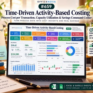 May include: A laptop screen displays an OfficeNova Time-Driven Activity-Based Costing dashboard with charts, metrics, and process cost data. The screen shows twelve numbered modules, a bar chart, a pie chart, and financial savings figures.
