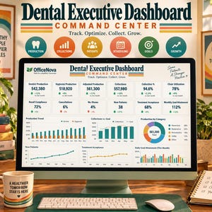 May include: A computer monitor displaying a Dental Executive Dashboard Command Center interface with various metrics, charts, and graphs. The screen shows data for production, collections, patients, and goals, alongside a keyboard and mouse.