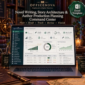 May include: A laptop displaying the Officenova Excel template for novel writing and author production planning. The screen shows an author dashboard with book projects, word counts, manuscript completion charts, and active project lists.