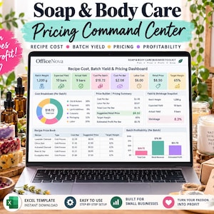 May include: A laptop screen displaying the Soap & Body Care Pricing Command Center dashboard, featuring tables for recipe costs, batch yields, and profit margins. The interface includes a pie chart, a recipe price book, and a batch profitability bar graph.