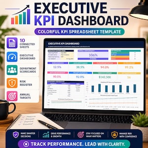 Może przedstawiać: Szablon arkusza kalkulacyjnego Executive KPI Dashboard wyświetlony na ekranie laptopa. Interfejs zawiera kolorowe wykresy, tabele danych oraz wskaźniki, w tym wzrost przychodów, marżę zysku brutto i poziom zadowolenia klientów.