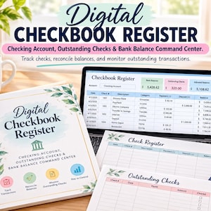 May include: A digital checkbook register displayed on a laptop screen and printed on spiral-bound paper. The interface features columns for date, check number, description, category, payment, deposit, and balance, with sections for outstanding checks.
