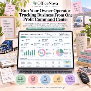 May include: A laptop displaying an OfficeNova Trucking Command Center Excel spreadsheet template. The screen shows data for loads, revenue, fuel, and IFTA. Surrounding items include a toy truck, a mug, a calculator, and notes with text.