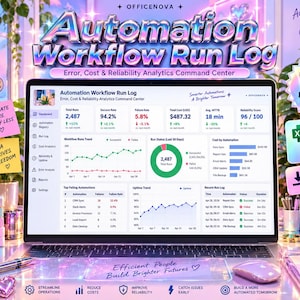 May include: A laptop screen displaying an Automation Workflow Run Log dashboard with analytics for total runs, success rates, failure rates, costs, and reliability scores. The interface includes charts, tables, and text labels for monitoring system performance.