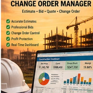 May include: A digital software interface for construction estimating, bid, and change order management displayed on a laptop screen. The screen shows financial data, a pie chart, and bar graphs. A white hard hat and rolled blueprints sit nearby.