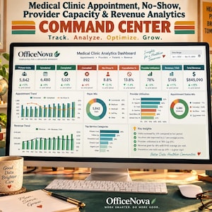 Puede incluir: Un monitor de computadora que muestra el panel de análisis de clínica médica OfficeNova. La pantalla presenta varias visualizaciones de datos, incluidos gráficos de barras, gráficos circulares y métricas clave de rendimiento para visitas y ingresos.