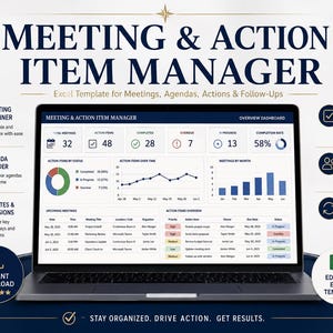 May include: A digital Meeting & Action Item Manager Excel template displayed on a laptop screen. The dashboard features data visualizations including a pie chart, line graph, bar chart, and tables tracking meeting metrics, action items, and status updates.