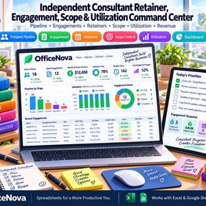 May include: A digital dashboard titled Independent Consultant Retainer, Engagement, Scope & Utilization Command Center displayed on a laptop and tablet screen, featuring charts, client lists, and priority tasks for business management and productivity.
