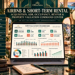 May include: A laptop displaying an OfficeNova Airbnb and short-term rental valuation dashboard with financial charts, metrics, and an Excel template icon. A notebook with the text Acquire Analyze Optimize Build Wealth and a pen sit in front.
