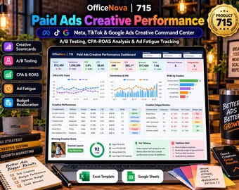 Meta TikTok Google Ads Creative Performance Excel Template, A/B Testing, CPA ROAS Dashboard (Digital Download)
