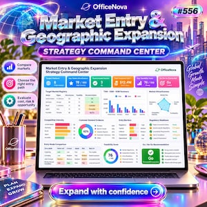 May include: A laptop displaying the OfficeNova Market Entry & Geographic Expansion Strategy Command Center dashboard, featuring data tables, bar charts, and a radar graph. The screen shows metrics for target markets, feasibility scores, and investment data.
