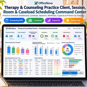 May include: A laptop screen displaying the OfficeNova Therapy and Counseling Practice Scheduling Command Center dashboard. The interface features data visualizations including bar charts, a pie chart, and tables tracking active clients, therapist caseloads, session types, and follow-up tasks.