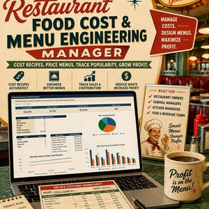 Restaurant Food Cost & Menu Engineering Manager | Excel Dashboard (Digital Download)