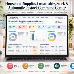 May include: A laptop screen displaying the OfficeNova Household Supplies Command Center dashboard, featuring data visualisations, stock status charts, and monthly spending metrics. The interface includes text headers, tables for upcoming restock items, and recent activity logs for home inventory management.